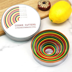 MULTICOLORED STAINLESS STEEL ROUND COOKIE CUTTER SET 12 PCS