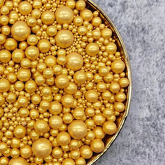 MIXED SIZES GOLD SUGAR PEARLS 125G