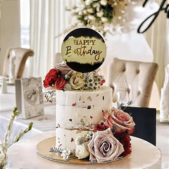 ROUND HAPPY BIRTHDAY CAKE TOPPER WITH ACRYLIC PAINT EDGES