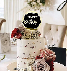 ROUND HAPPY BIRTHDAY CAKE TOPPER WITH FOIL EDGES