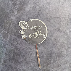ROUND WITH FLOWER LASER ENGRAVED HAPPY BIRTHDAY CAKE TOPPER
