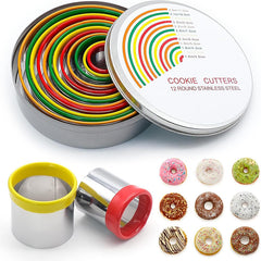 MULTICOLORED STAINLESS STEEL ROUND COOKIE CUTTER SET 12 PCS