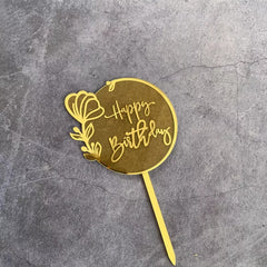 ROUND WITH FLOWER LASER ENGRAVED HAPPY BIRTHDAY CAKE TOPPER