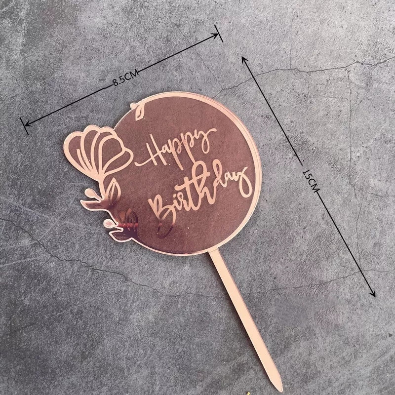 ROUND WITH FLOWER LASER ENGRAVED HAPPY BIRTHDAY CAKE TOPPER