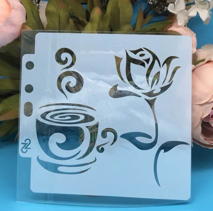TEA CUP AND ROSE MINI STENCIL 13 BY 13 CM