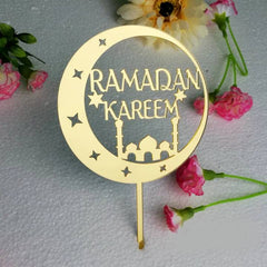 ACRYLIC CRESCENT MOON AND MOSQUE WITH RAMADAN KAREEM MESSAGE CAKE TOPPER 1Pcs